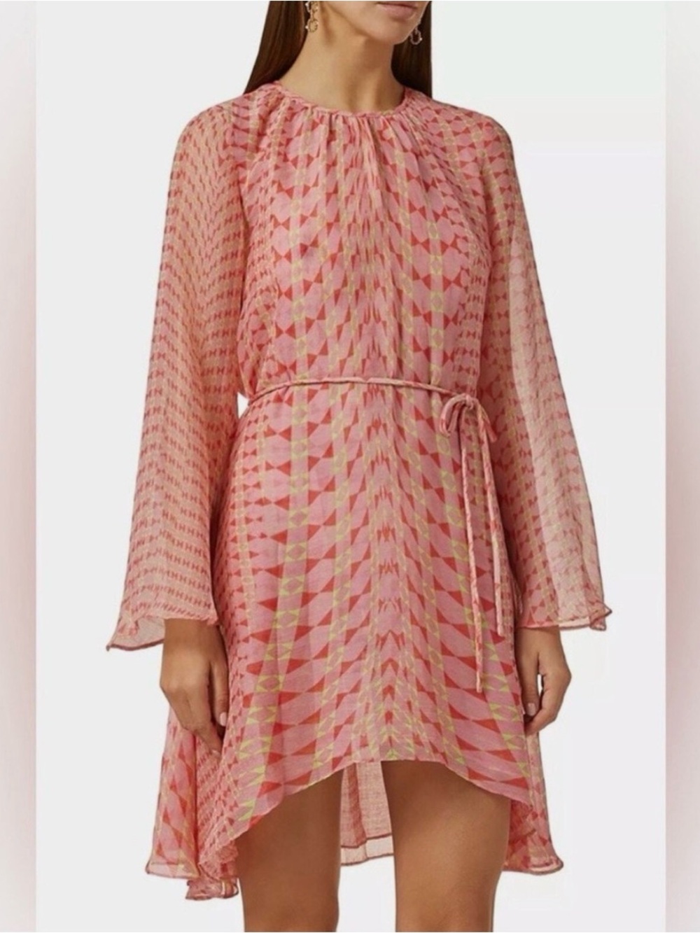MISA Petra Dress Pink Geo Print Silk Mini Long Sleeve Size S NWT